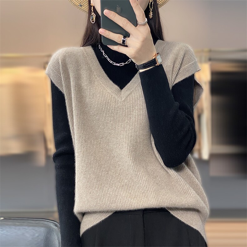 秋冬款100%纯羊毛针织马甲女宽松V领毛衣背心百搭羊绒衫无袖坎肩,女装马甲,恩泰羊绒