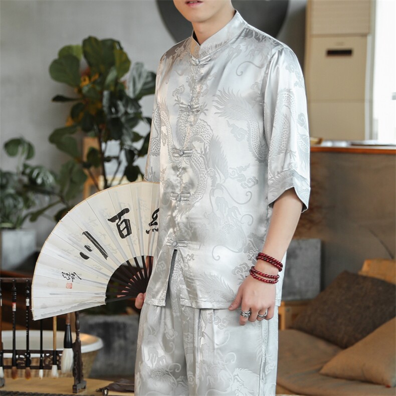 新中式衬衫男风太极汉服大码龙纹盘扣道袍短袖开衫 CS513 P35图片