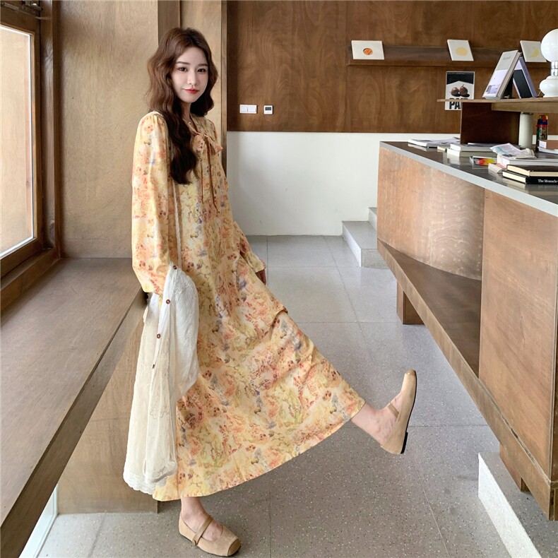 法式显瘦印花长裙罩衫套装女2025春秋季新款花边系带连衣裙两件套,女装套装/套裙,2D035