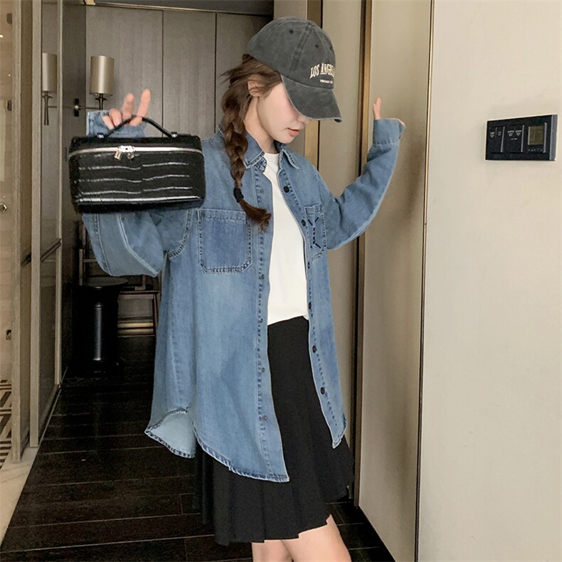 水洗做旧刺绣数字牛仔长袖衬衫外套女美式宽松中长款男友风春装BF,女装衬衫,浙宝220