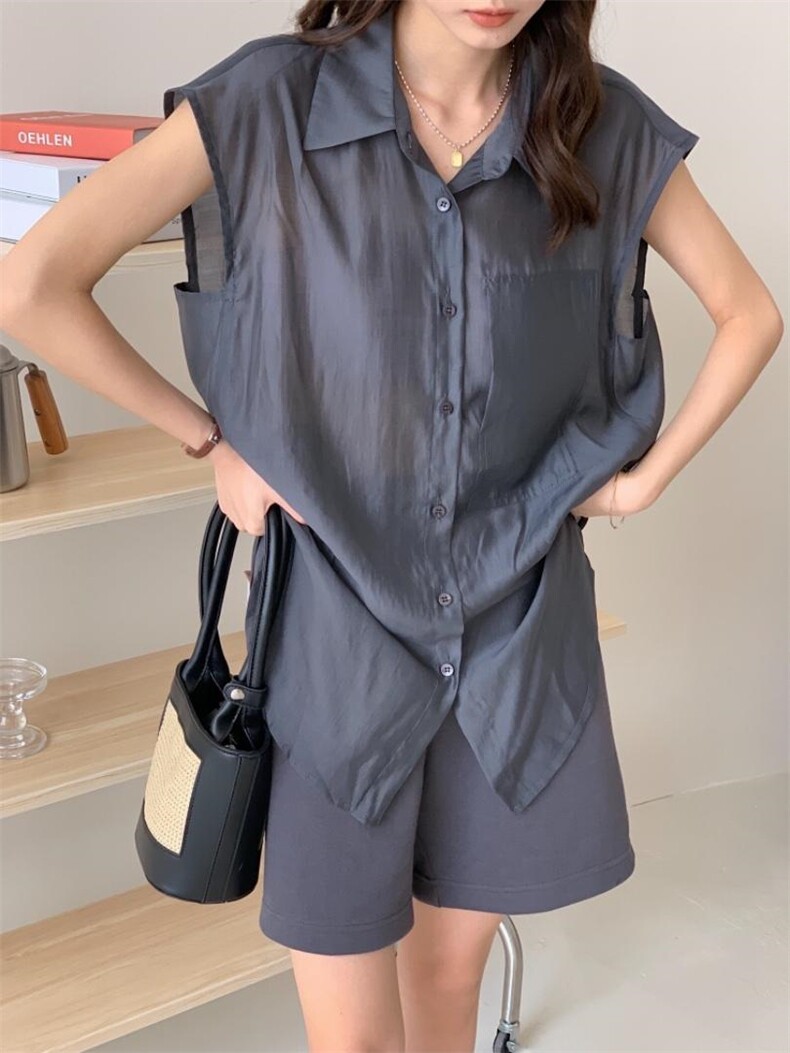 防晒套装女薄款欧洲站夏季2022新款欧货衬衫阔腿短裤两件，女装职业装，香丽迪1