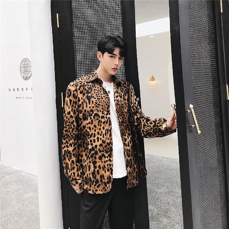 豹纹个性长袖衬衣春夏性感演出服韩版发型师衬衫潮A345-1011-P75,男装衬衫,电商A345