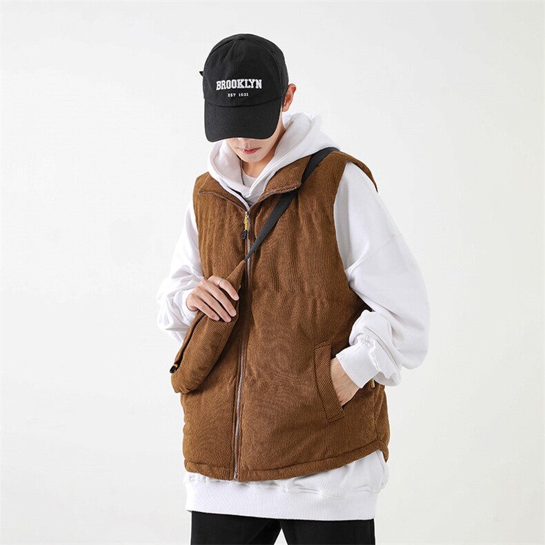 冬季灯芯绒棉马甲男复古加厚立领棉服情侣外套配挎包8516-P70,男装棉衣,电商B306