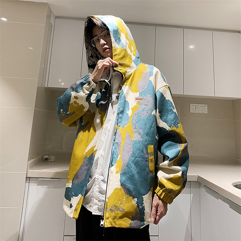 港风泼墨两面穿夹克男秋季卡通印花连帽外套A090-JK69 p115 限138图片