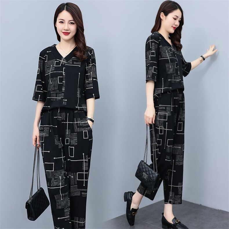HXY802夏季妈妈套装2022新款印花透气短袖洋气休闲时尚减龄两件套，商品下架区商品下架区，华秀衣