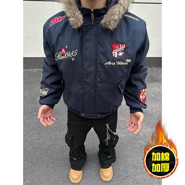 现货高品质美式高街重磅刺绣座山雕大毛毛领棉衣男女加厚棉服外套，男装棉衣，电商A486