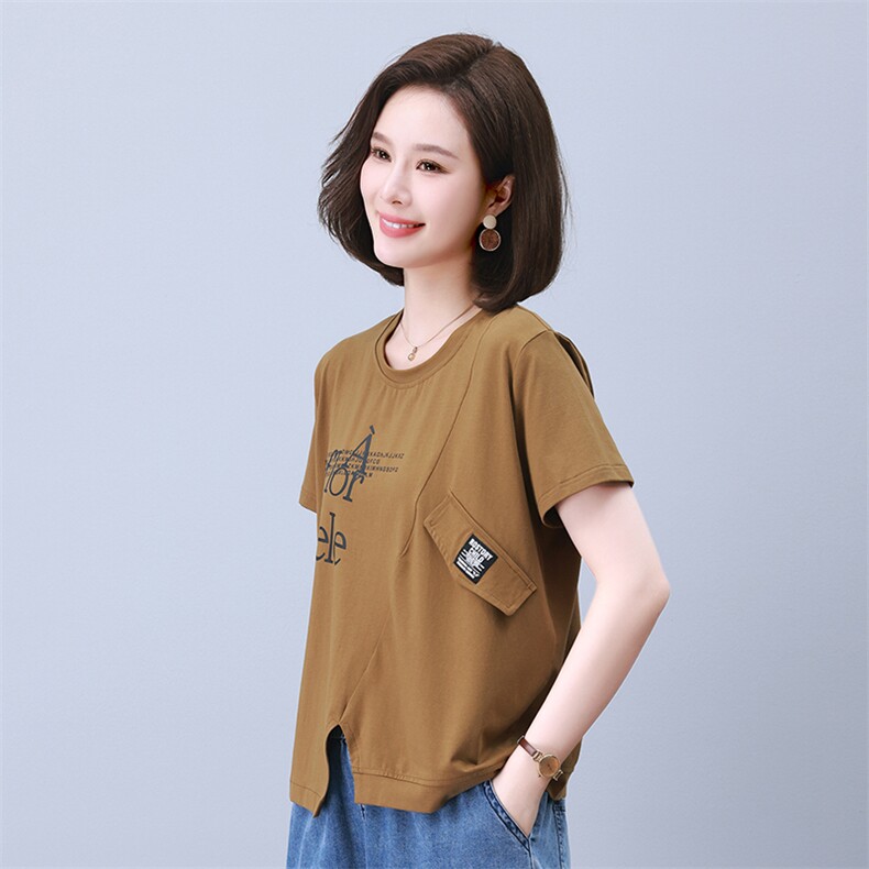 时尚宽松拼接印花短袖上衣舒适百搭显瘦T恤,女装衬衫,叶笙衣