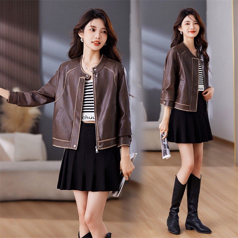 现货复古皮衣短款外套女2024秋季新款显瘦机车PU皮夹克上衣，女装皮衣，江南女神