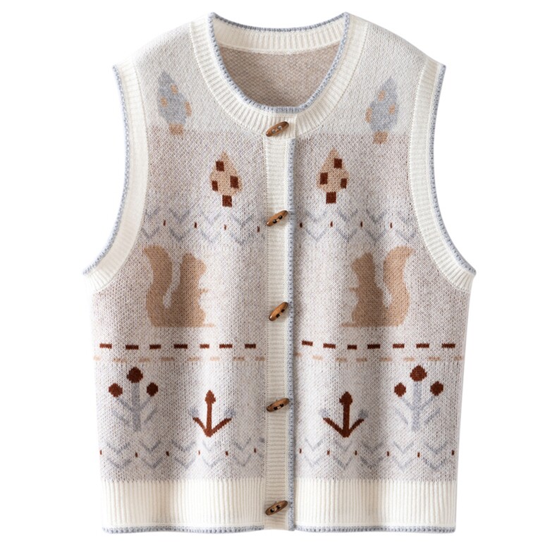 秋冬新款松鼠马甲单排扣开衫时尚百搭，女装针织衫/毛衣，亿嘉羊绒