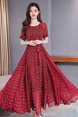 长袖圆领连衣裙女2021春夏新款收腰显瘦大摆雪纺长款连衣裙，女装连衣裙，潮品会