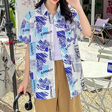 海边度假风短袖花衬衫女夏威夷ins超仙沙滩衬衣复古港风宽松上衣，男装衬衫，星座506