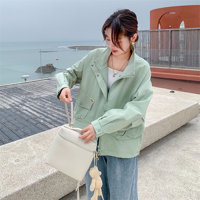 绿色工装外套女短款2024春秋新款宽松洋气减龄休闲百搭小个子夹克,女装短外套,辉之琳