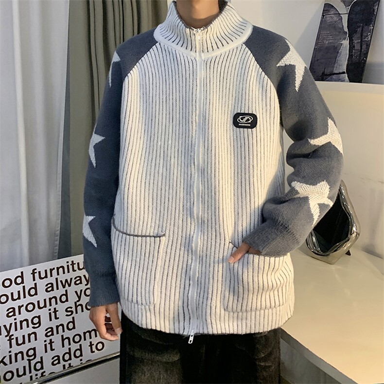 MY201-P58慵懒风双拉链星星开衫毛衣,男装针织衫/毛衣,星座1501-1