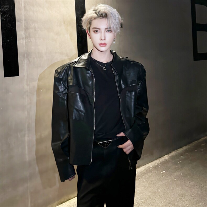 （自家图）小众pu皮拼接机车服皮夹克皮衣2612-P80裤子货号2611,男装夹克,星座910-5