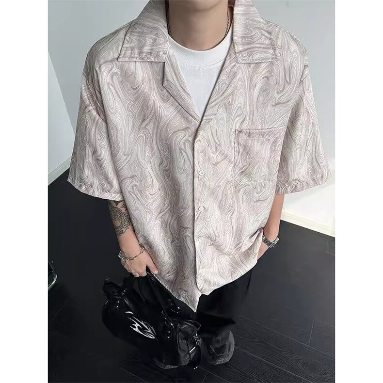 古巴领晕染短袖衬衫男夏季冰丝半袖衬衣cleanfit男模穿搭大码外套,男装T恤,星座1210-1