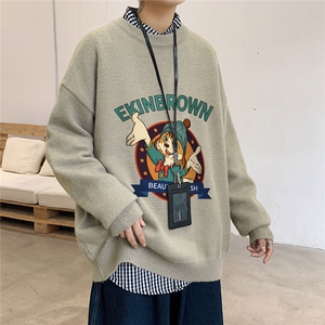 1港风圆领中性情侣潮流大码M-5XL印花加厚毛衣男7689P48加绒P55图片