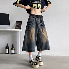 美式复古阔腿七分牛仔裤男女夏季宽松休闲直筒中裤N06682-P48，男装牛仔裤，星座308B-2