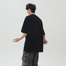 高街夏季宽松圆领短袖潮牌拼接三条杠重磅纯棉T恤25XT77207特批25，男装T恤，电商A042