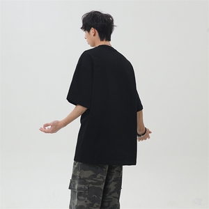高街夏季宽松圆领短袖潮牌拼接三条杠重磅纯棉T恤25XT77207特批25图片