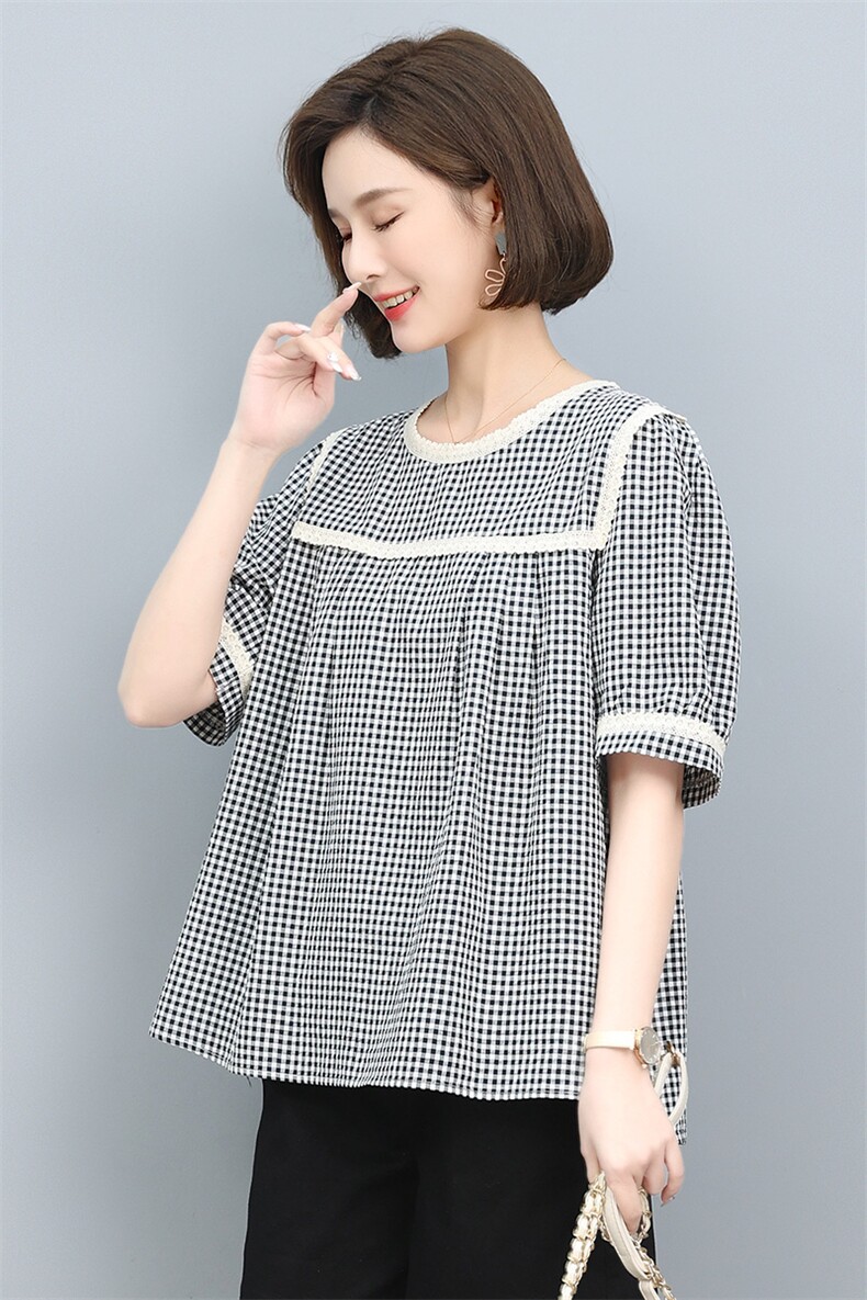 格子短袖女夏新款洋气减龄T恤宽松遮肚休闲上衣,女装T恤,天丽