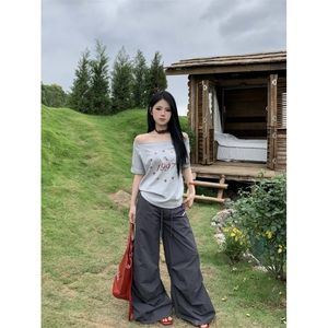 ZHL Studio美式复古抽绳直筒工装裤男女宽松褶皱休闲裤阔腿长裤子图片