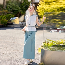 棉麻休闲阔腿裤套装女2025夏季新款撞色拼接无袖衬衫九分裤两件套，女装套装/套裙，魅影