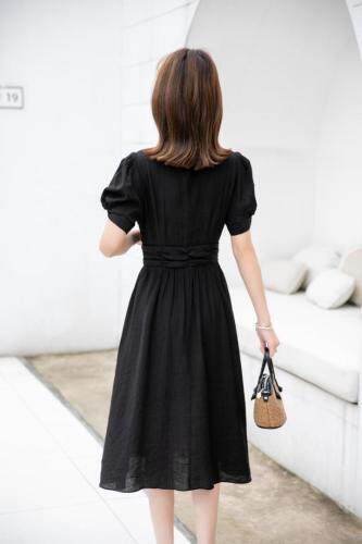 夏季新款人鱼尾气质开叉黑色连衣裙，女装连衣裙，水锦红