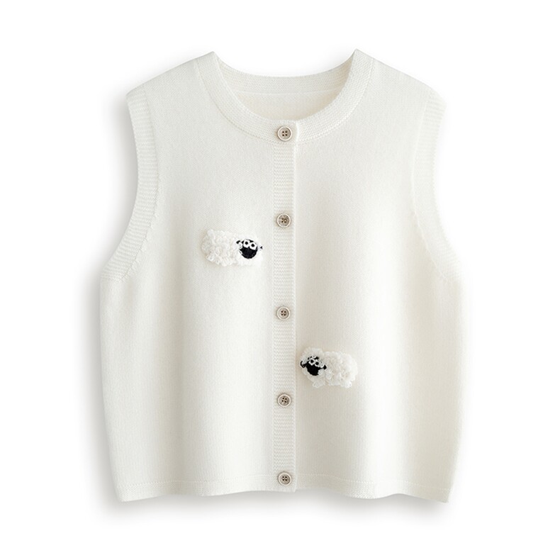 2025秋冬百搭时尚简约卡通手绣小羊圆领加厚开衫马甲，女装羊绒衫，绒默