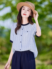 法式复古波点短袖衬衫女2025夏季新款宽松显瘦百搭圆领小衫上衣潮，女装衬衫，靓衣阁