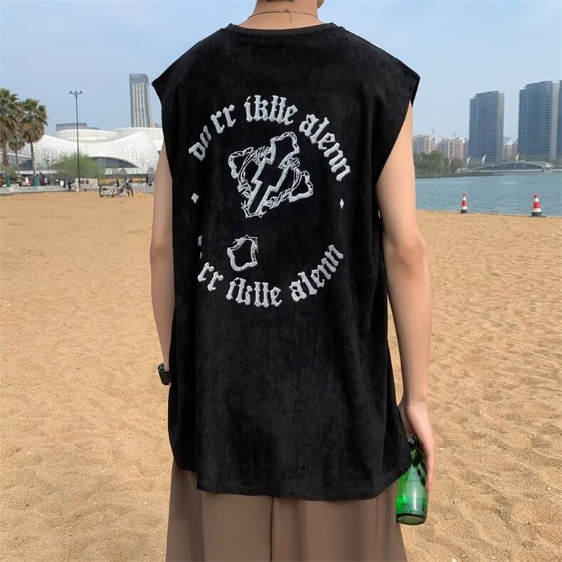 鹿皮绒背心黑色圆领印花标准背心汗背心潮男TB06-P30,男装背心/马甲,星座1109-3