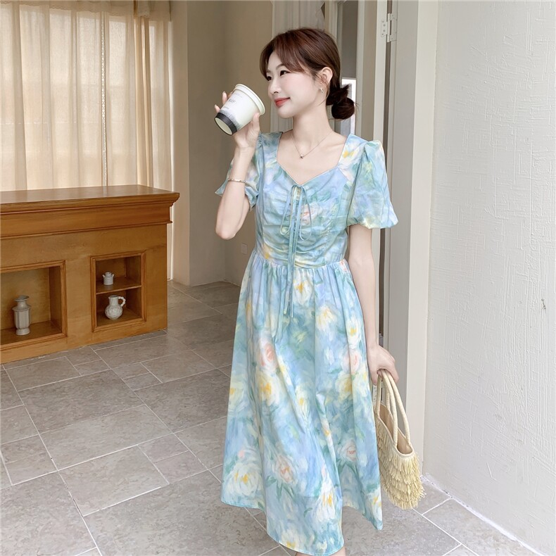 6.2设计感法式复古印花连衣裙没控价,女装连衣裙,1D102-1