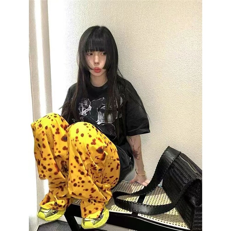美式复古豹纹休闲裤女夏季宽松阔腿裤子小众设计直筒拖地高腰长裤,男装休闲裤,星座506A