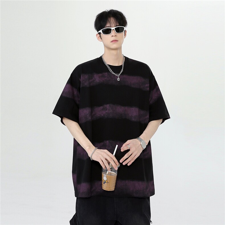 夏季新款做旧扎染条纹短袖男款美式小领口五分袖宽松T恤T702-P28,男装T恤,电商C307