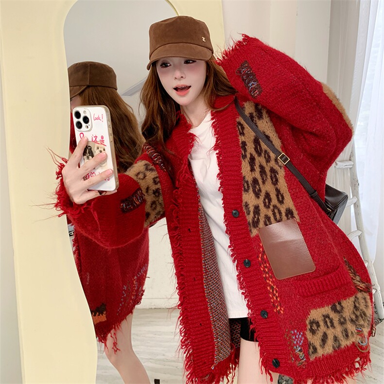 韩系chic独特设计红色针织衫外套女春秋超火好看高级小众开衫毛衣,针织衫/毛衣,2C010