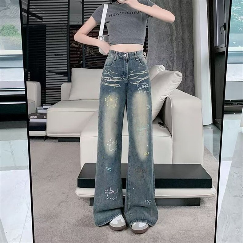 小个子复古刺绣直筒牛仔裤女2025新款设计感高腰显瘦窄版阔腿长裤图片