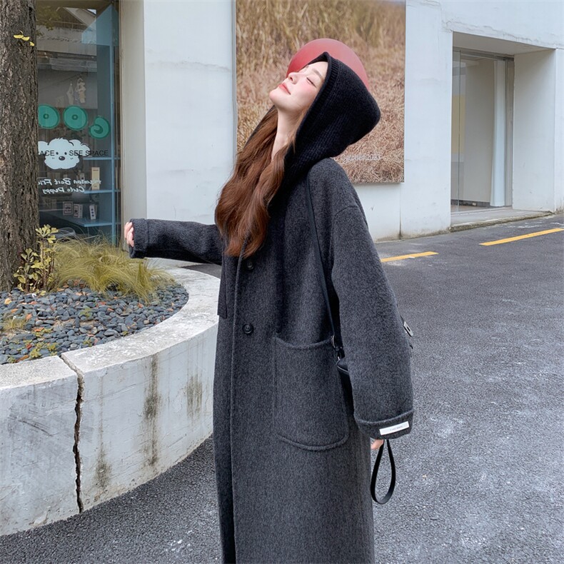 新款2B114P315K399针织连帽双面羊绒大衣中长款款式显瘦女装,女装毛呢外套,2B114