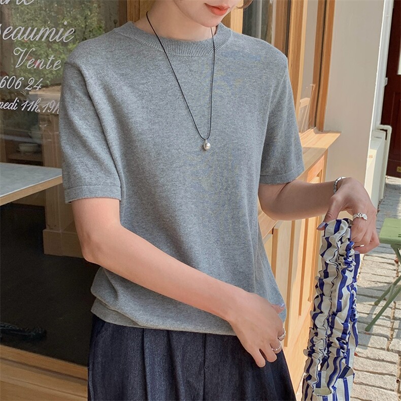 100%纯棉圆领短袖女宽松韩版简约内搭上衣薄款时尚通勤叠穿体恤衫，女装针织衫/毛衣，洁纯羊绒