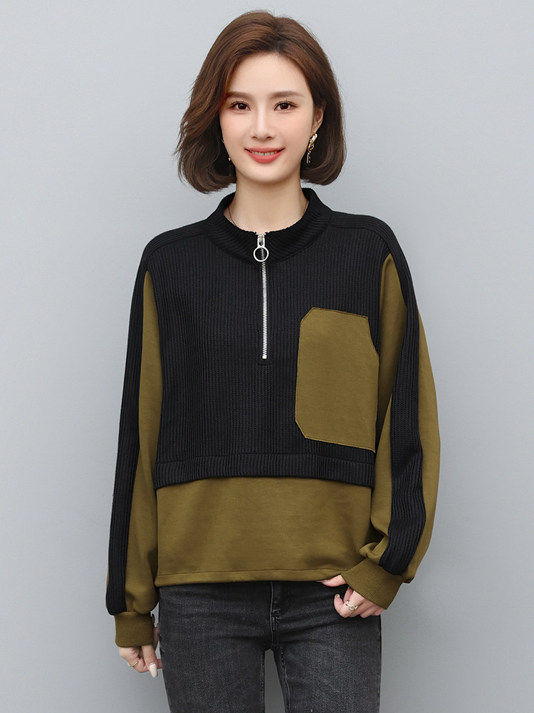 卫衣女套头针织拼接毛衣时尚撞色拉链套头上衣,女装卫衣/绒衫,曼沙奕珂