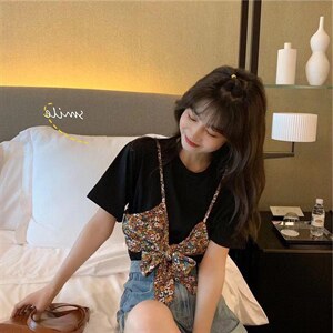 心机碎花假两件短袖t袖图片
