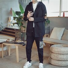 W203*中国风国潮复古夹克麒麟刺绣唐装连帽外套风衣浅灰*P95，男装风衣，星座1516（原B303）