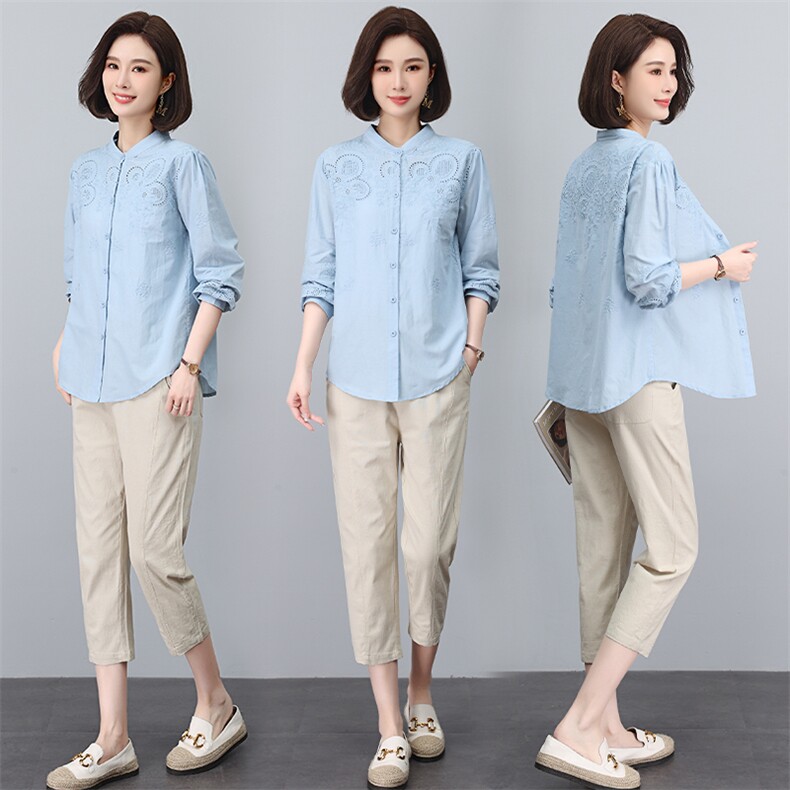 绣花长袖棉衬衫两件套2023秋装新款气质宽松修身显瘦套装女，女装大码女装，奕阳依阁