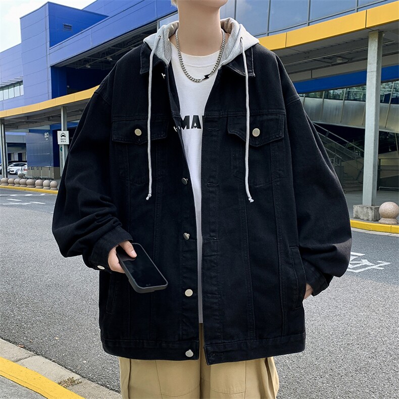 秋季新款假两件休闲夹克潮牌帅气宽松连帽牛仔外套男W7821-P53,男装夹克,星座512-4