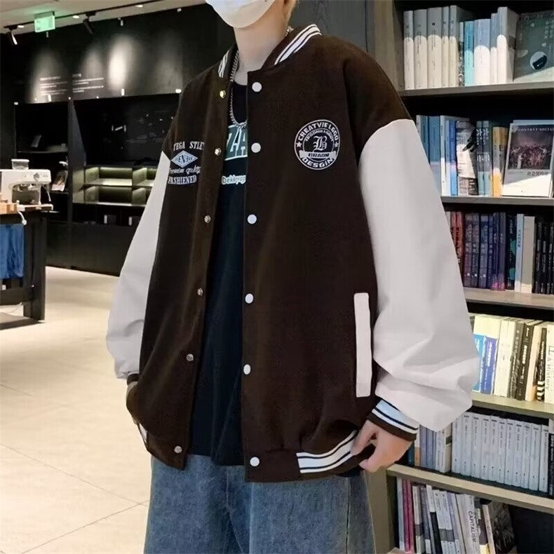 秋季新款男士棒球服拼皮时尚夹克潮流宽松百搭情侣款美式外套图片