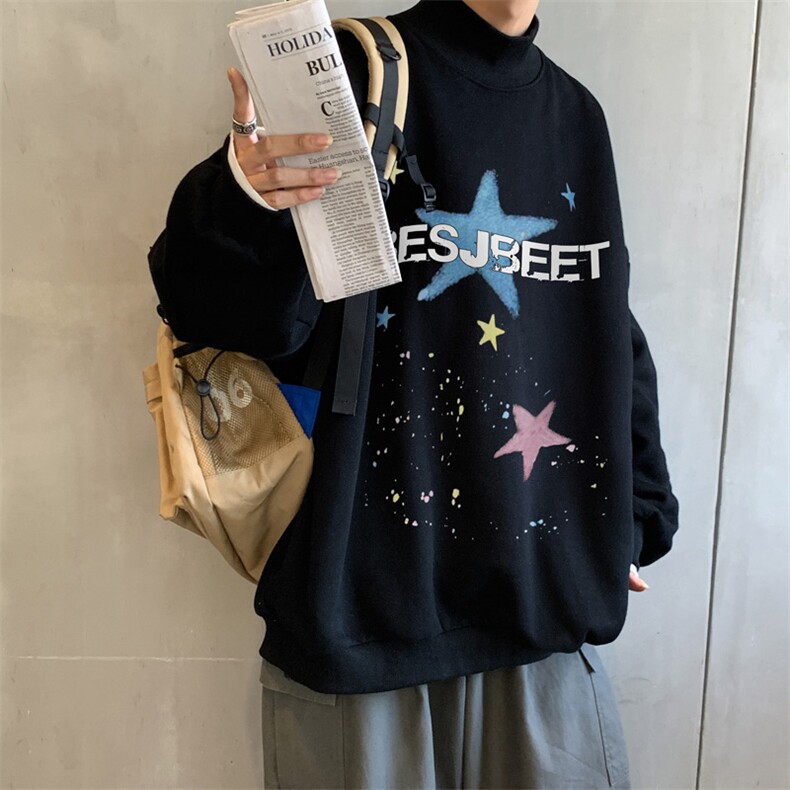 加绒加厚高领卫衣星星印花落肩袖情侣款打底衫男 XZ514-2-G88-P48图片