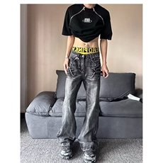 闪电裂纹做旧洗水显瘦百搭裤子宽松直筒微喇黑色牛仔裤男女K706，男装牛仔裤，星座601-1