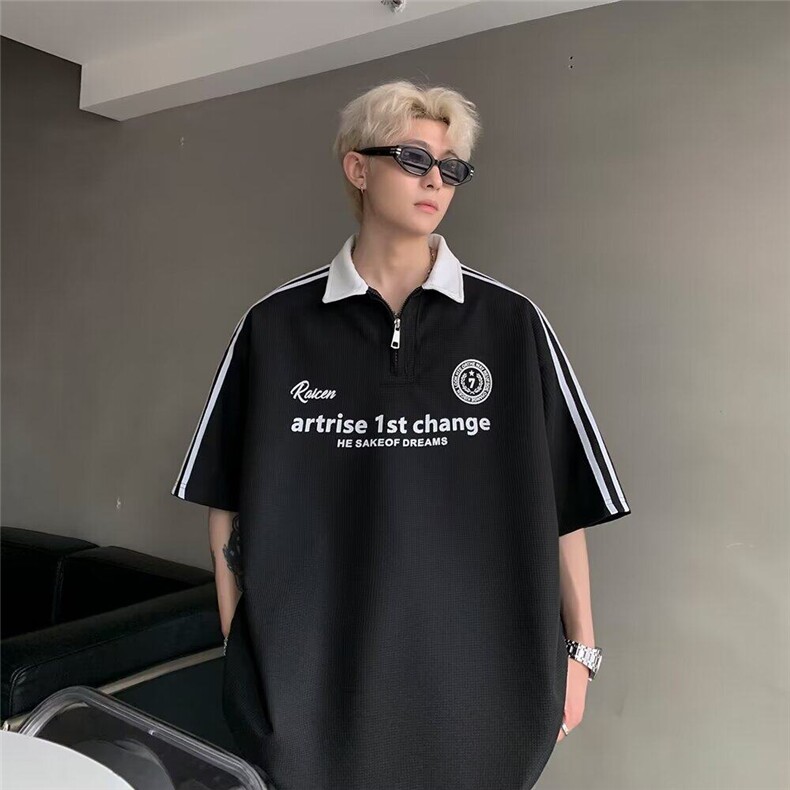 网络图现货美式复古学院风条纹拼接撞色印花POLO领T恤J896-P32,男装T恤,星座715-7