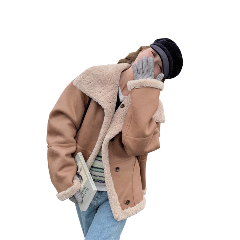 182-8527-P190K288--咖啡色双面穿羊羔毛机车服加绒加厚外套,女装羊羔毛/颗粒绒,帛香坊