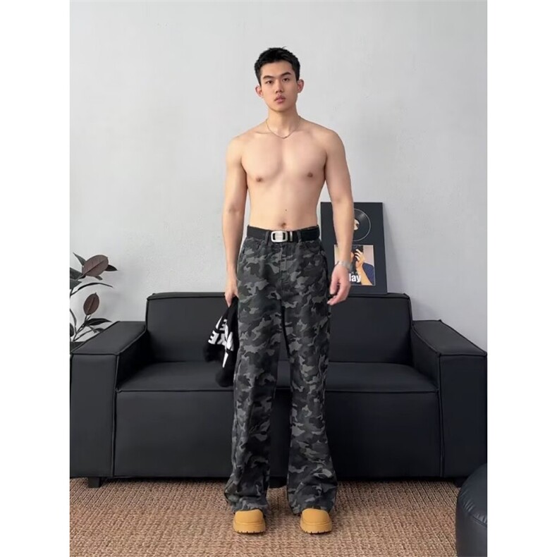 水洗做旧迷彩高街阔腿牛仔裤直筒宽松拖地工装裤K83056-P42网络图图片