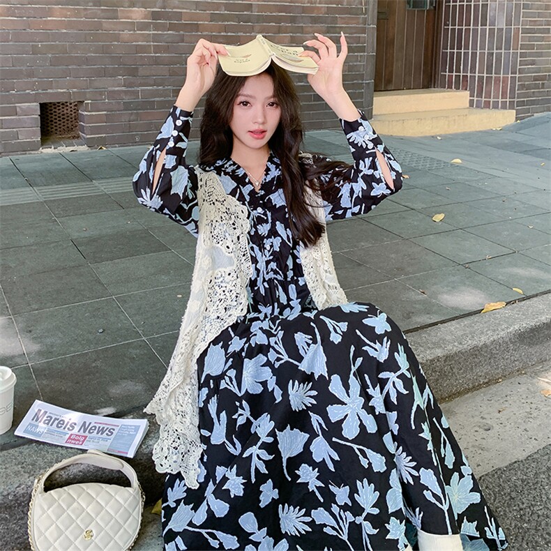 法式镂空蕾丝马甲套装裙女2025秋季新款气质超好看印花长裙两件套,女装连衣裙,2C123
