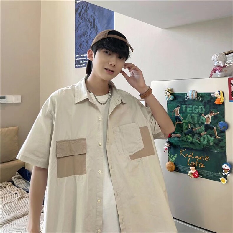 日系潮牌纯色短袖衬衫男美式工装五分袖男生内搭衬衣夏季学生外套,男装T恤,星座1210-1